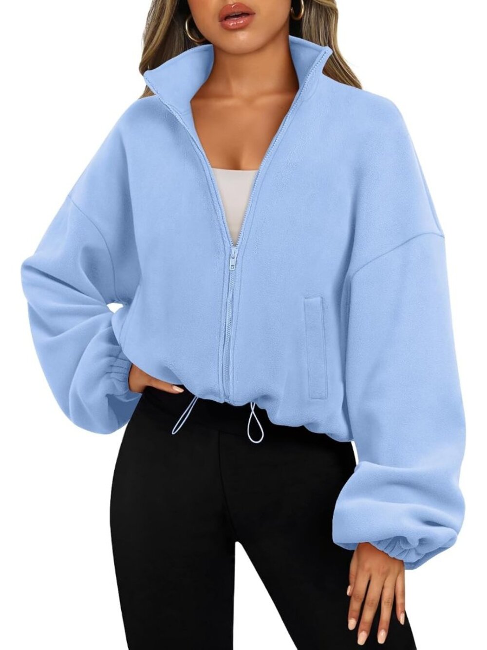 Woman Light Blue Stand Collar Drop Shoulder Balloon sleeve Oversized Jackets
